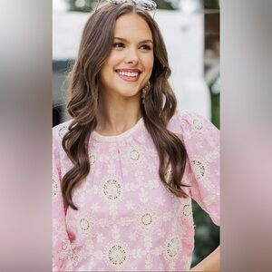 Pink & Ivory Embroidered, Eyelet Floral Short Sleeve Blouse | Large | New